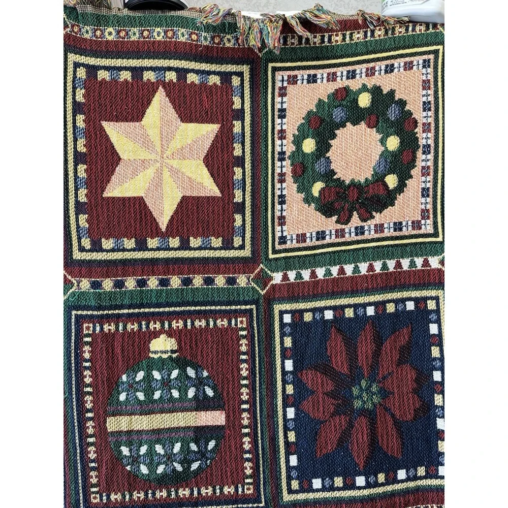 Vintage Christmas Woven Tapestry Afgan Snowman Tree Ornaments ThrowBlanket 48x64